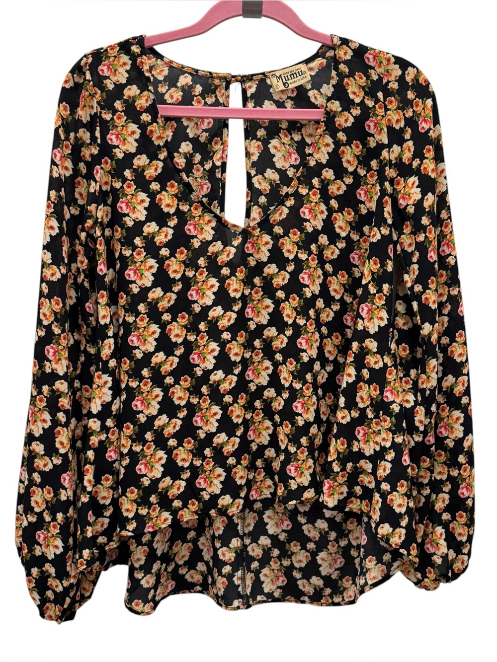 Show Me Your Mumu Black Floral Sheer High Low Ruffle Blouse Top Size Small
